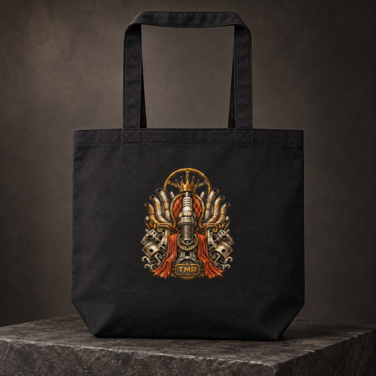 Desguace sagrado — Tote negra TMR: vista de estudio con estampado frontal