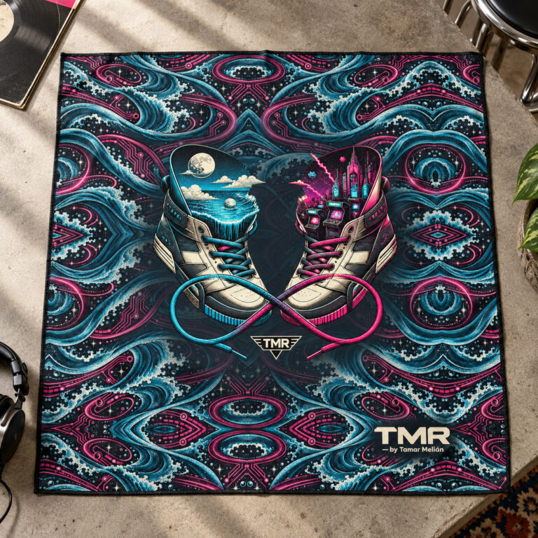 Pañuelo Portal Runner de TMR by Tamar Melián: vista completa del estampado integral sobre mesa de estudio