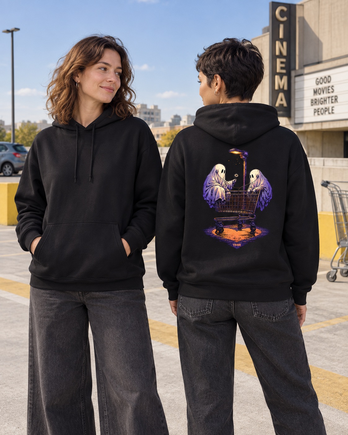 Fantasmas del parking — Sudadera 4 Dos modelos adultas ficticias con la sudadera negra Fantasmas del parking de TMR en un aparcamiento urbano al sol: frontal liso y espalda con fantasmas, carrito y farola.