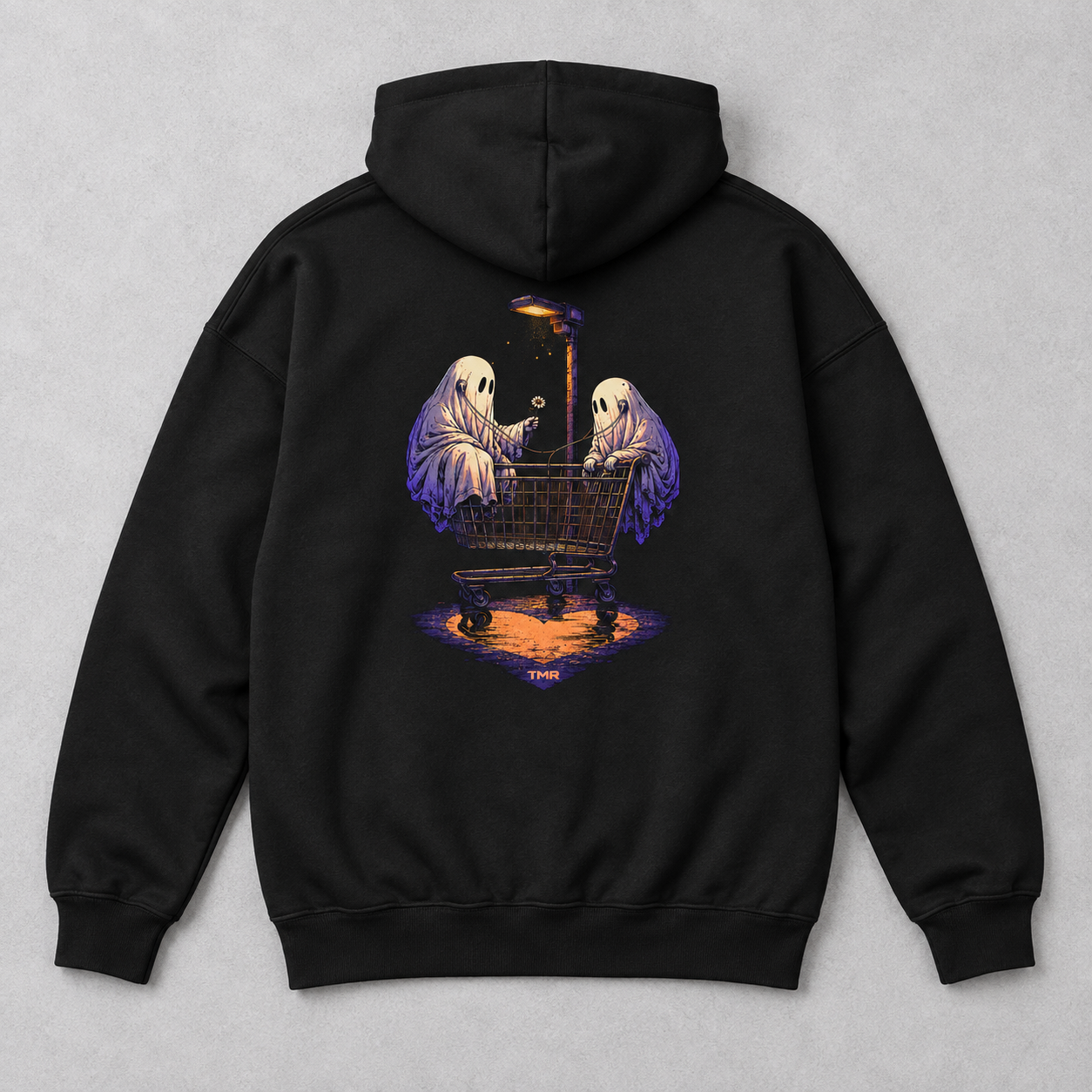 Fantasmas del parking — Sudadera 2 Sudadera Fantasmas del parking de TMR, vista completa de espalda con capucha y estampado de contorno libre