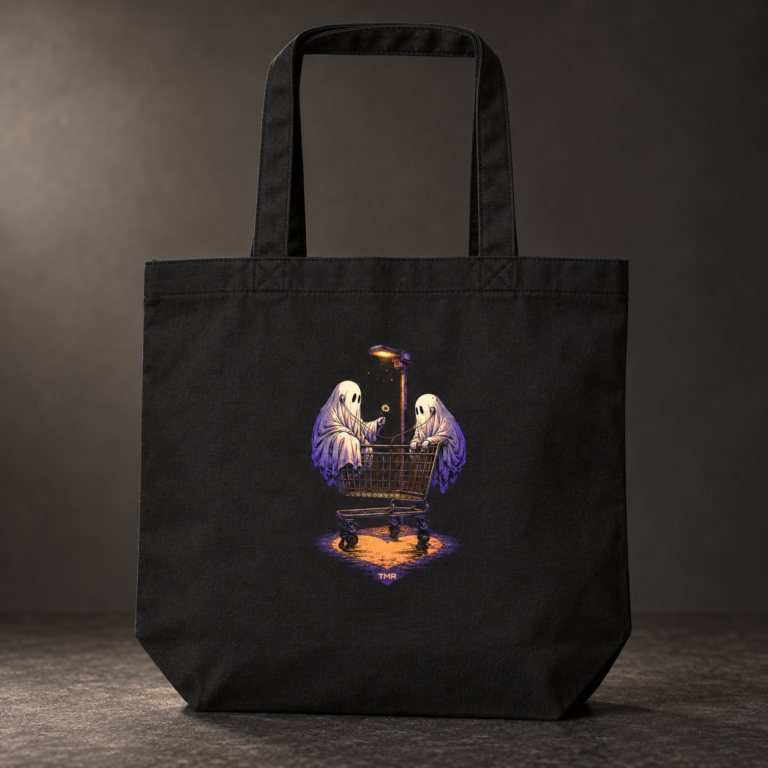 Fantasmas del parking — Tote negra TMR: vista de estudio con estampado frontal