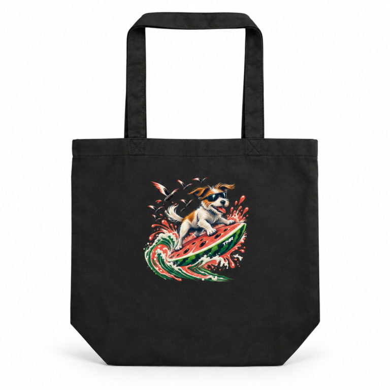 Bolsa tote negra Firuláis sandía de TMR, vista frontal de catálogo con perro sobre una sandía y marca TMR en el motivo