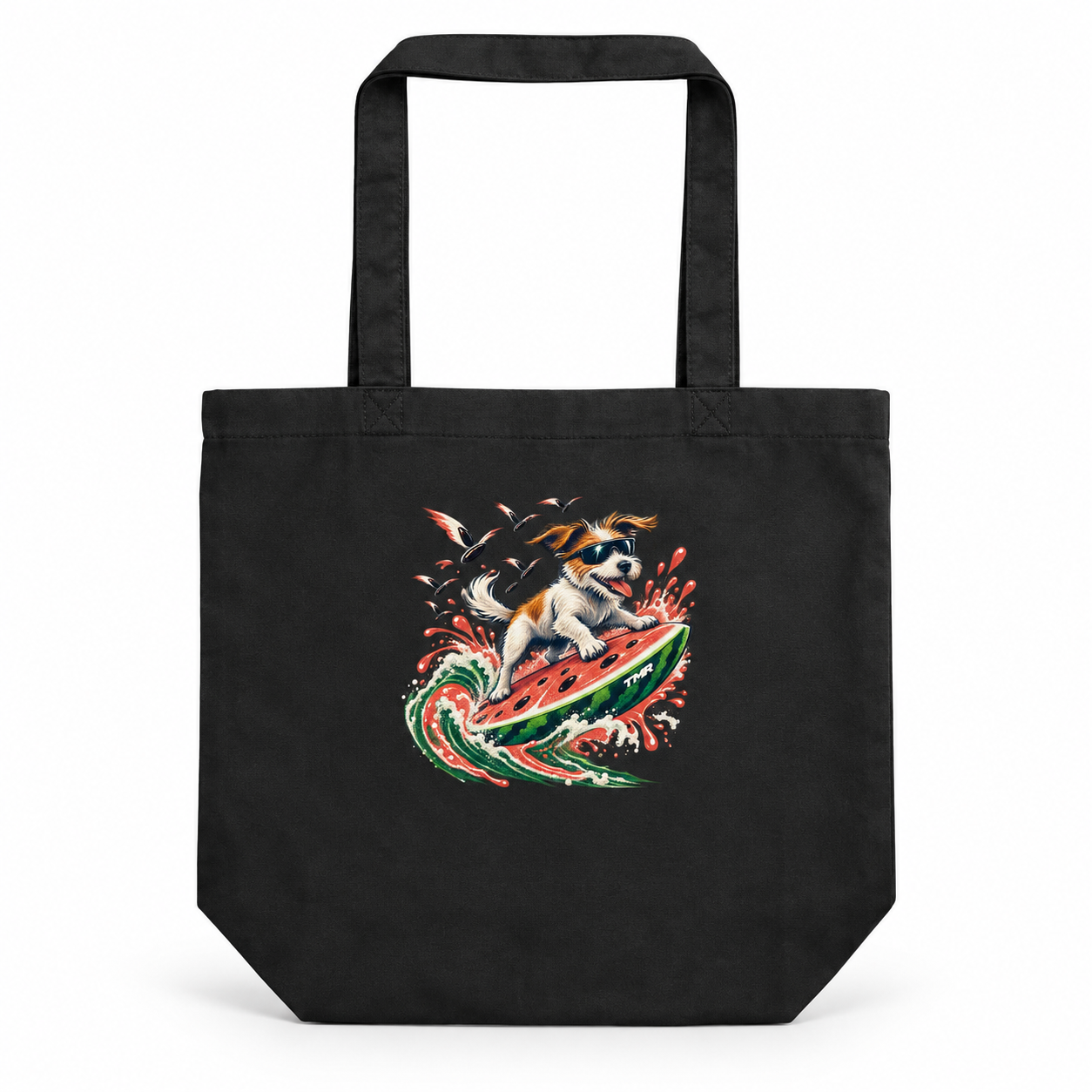 Firuláis sandía — Tote 1 Bolsa tote negra Firuláis sandía de TMR, vista frontal de catálogo con perro sobre una sandía y marca TMR en el motivo