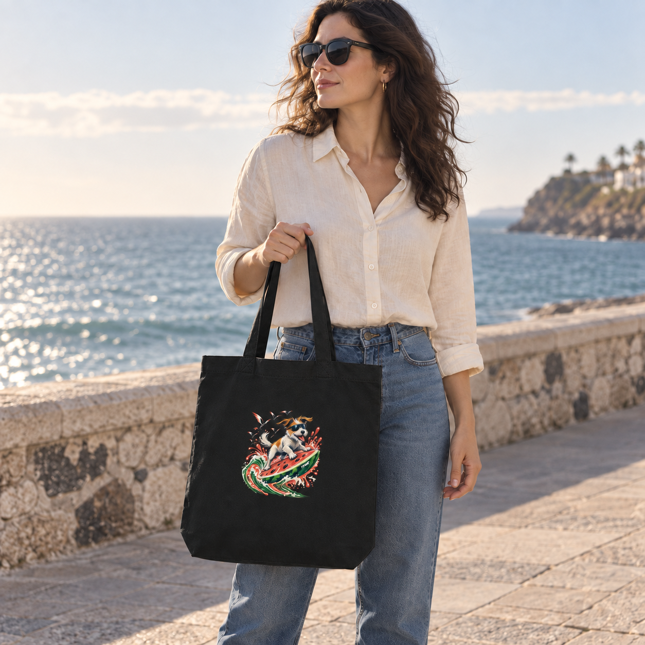 Firuláis sandía — Tote 2 Modelo adulta ficticia con la tote negra Firuláis sandía de TMR junto al mar, con el estampado frontal visible