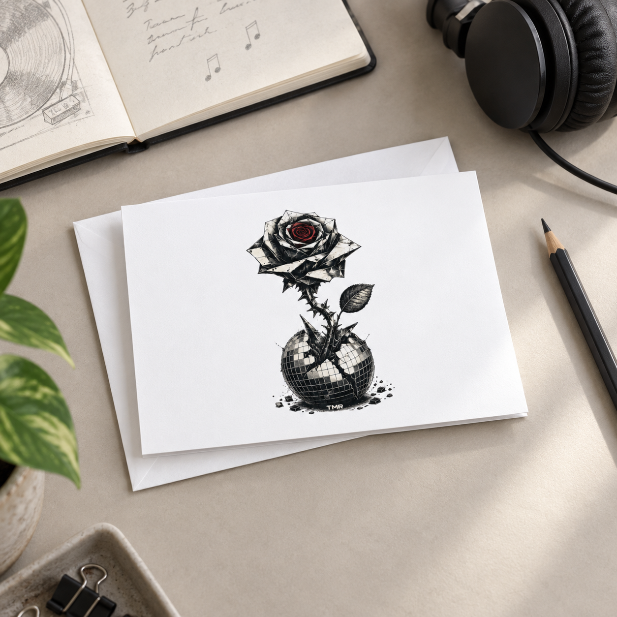 Flor blindada — Tarjeta con sobre 5 × 7 3 Tarjeta Flor blindada sobre su sobre blanco en un escritorio creativo, junto a auriculares, cuaderno de bocetos y lápiz.