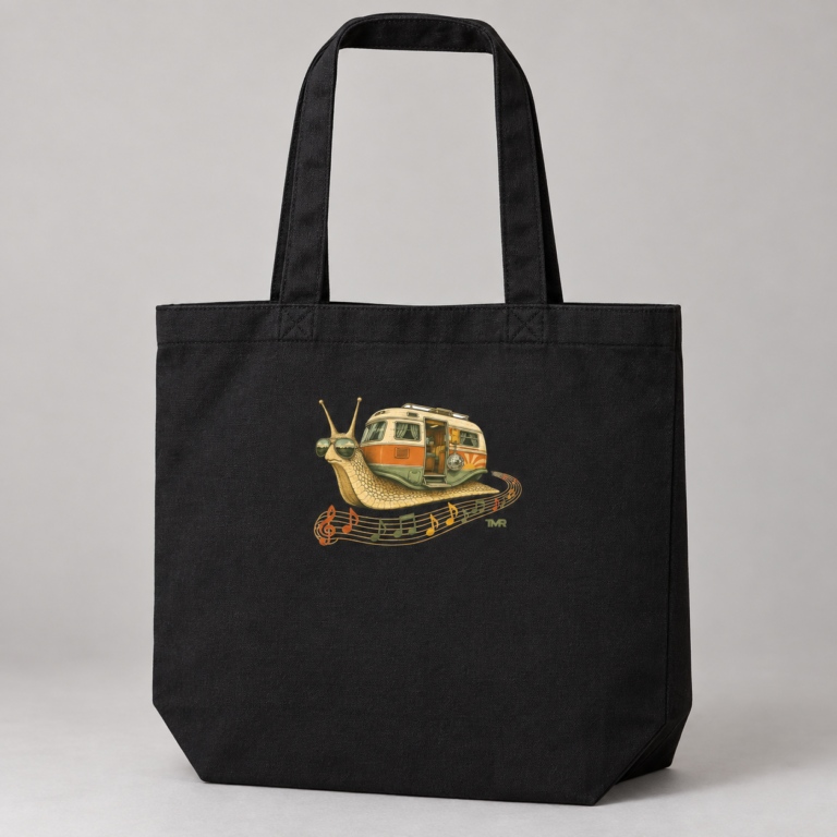 Bolsa tote negra Furgo caracol de TMR by Tamar Melián, vista completa de catálogo con asas negras y diseño visible