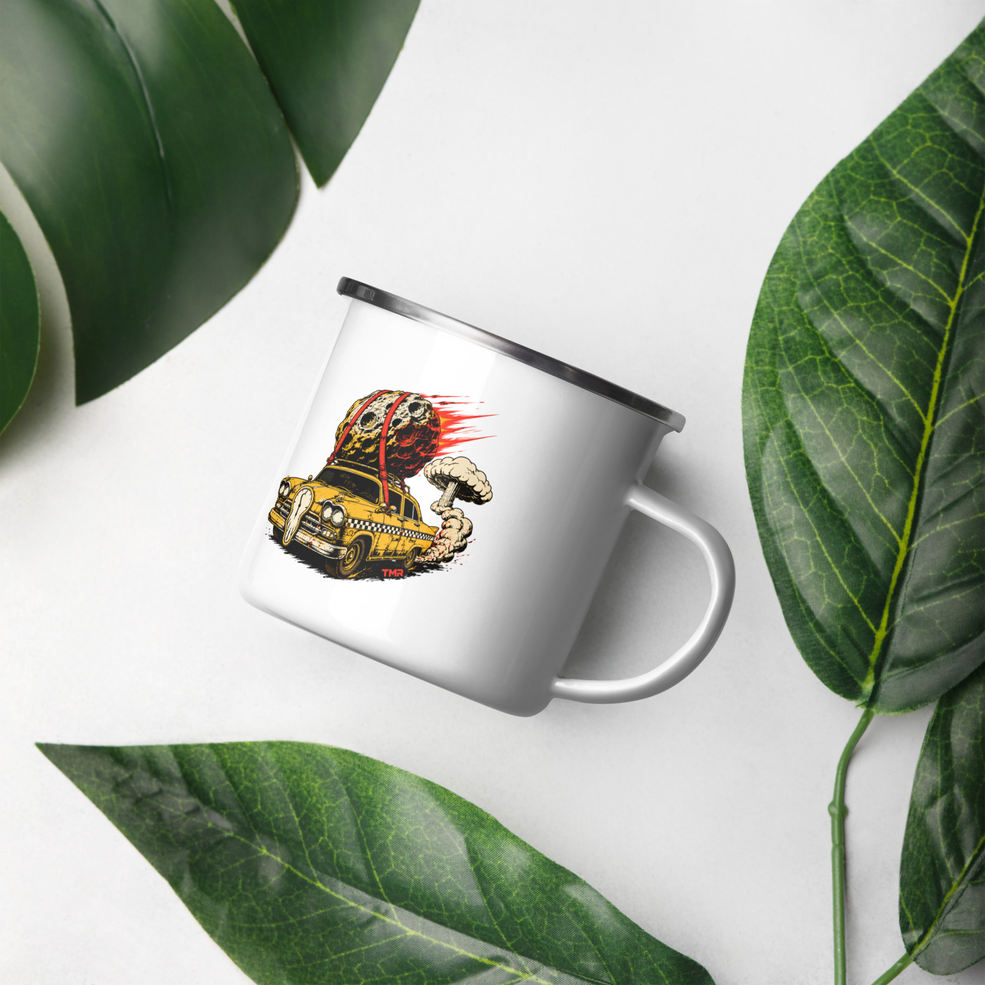 TMR · Taxi del apocalipsis — Taza esmaltada 12 oz 1 TMR · Taxi del apocalipsis — Taza esmaltada 12 oz — mockup de portada