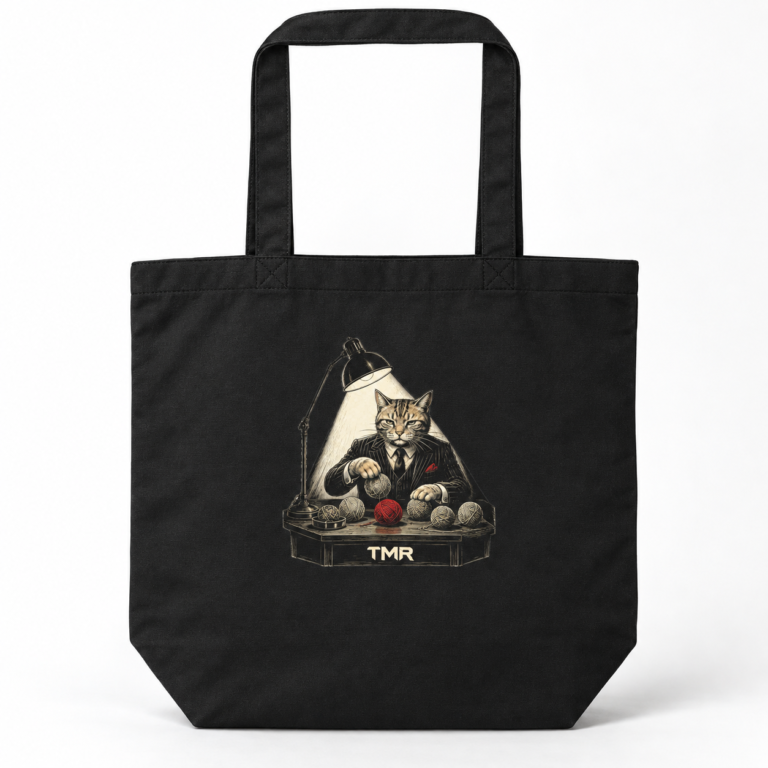 Bolsa tote negra El padrino del ovillo de TMR, vista frontal de catálogo con gato de traje, ovillos y lámpara