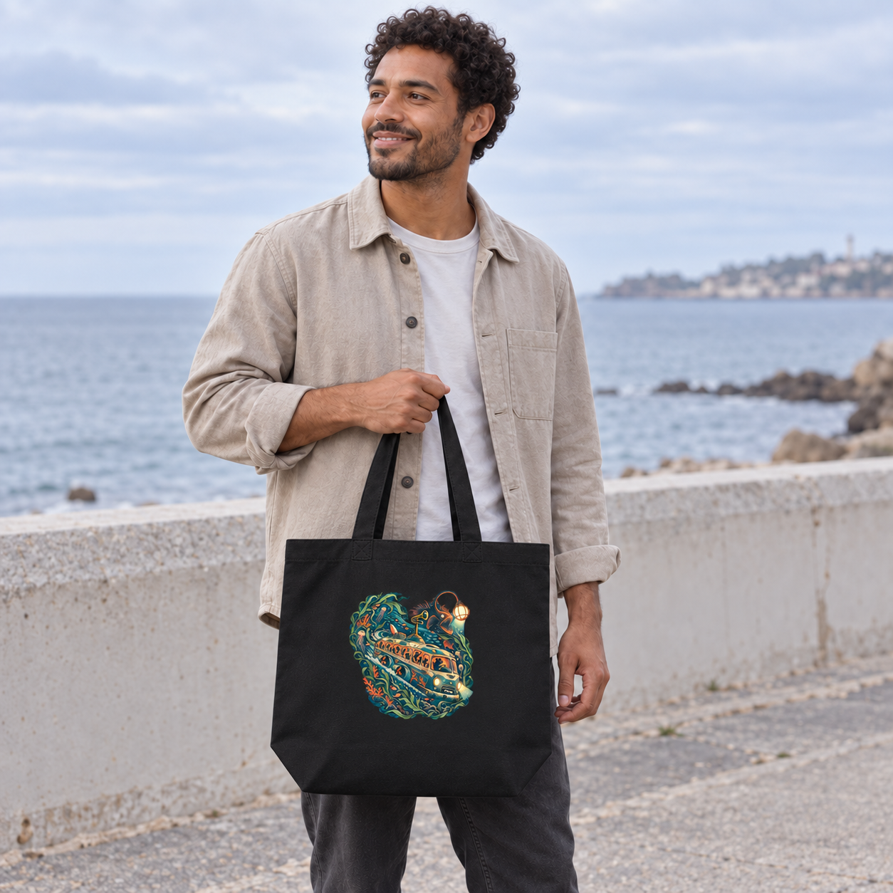 Guagua abisal — Tote 3 Tote negra Guagua abisal de TMR by Tamar Melián, con un modelo adulto ficticio y diseño visible.