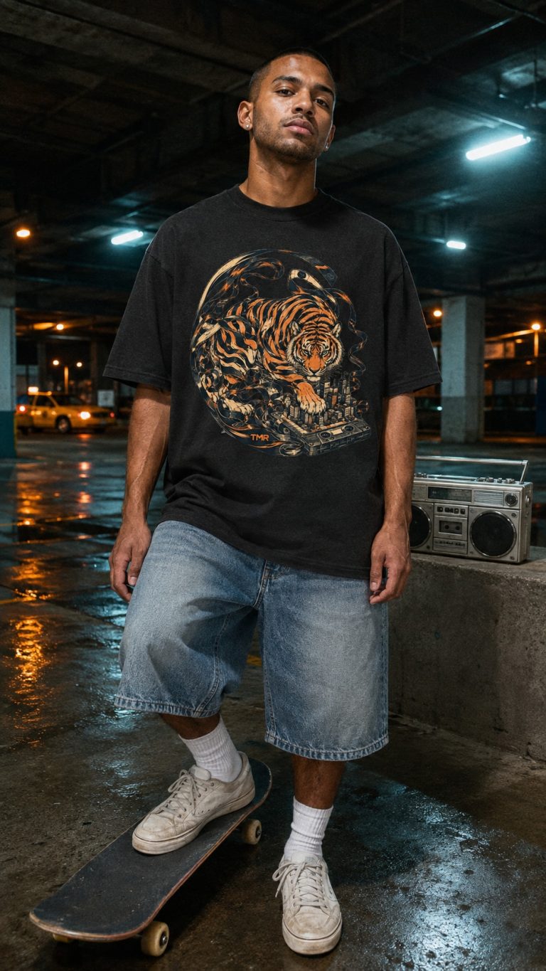 Modelo ficticio con TMR · Tigre radiocasete — Camiseta oversized, fotografía editorial generada con IA