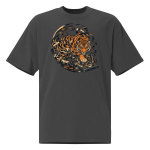 Vista frontal de TMR · Tigre radiocasete — Camiseta oversized, maqueta de Printful