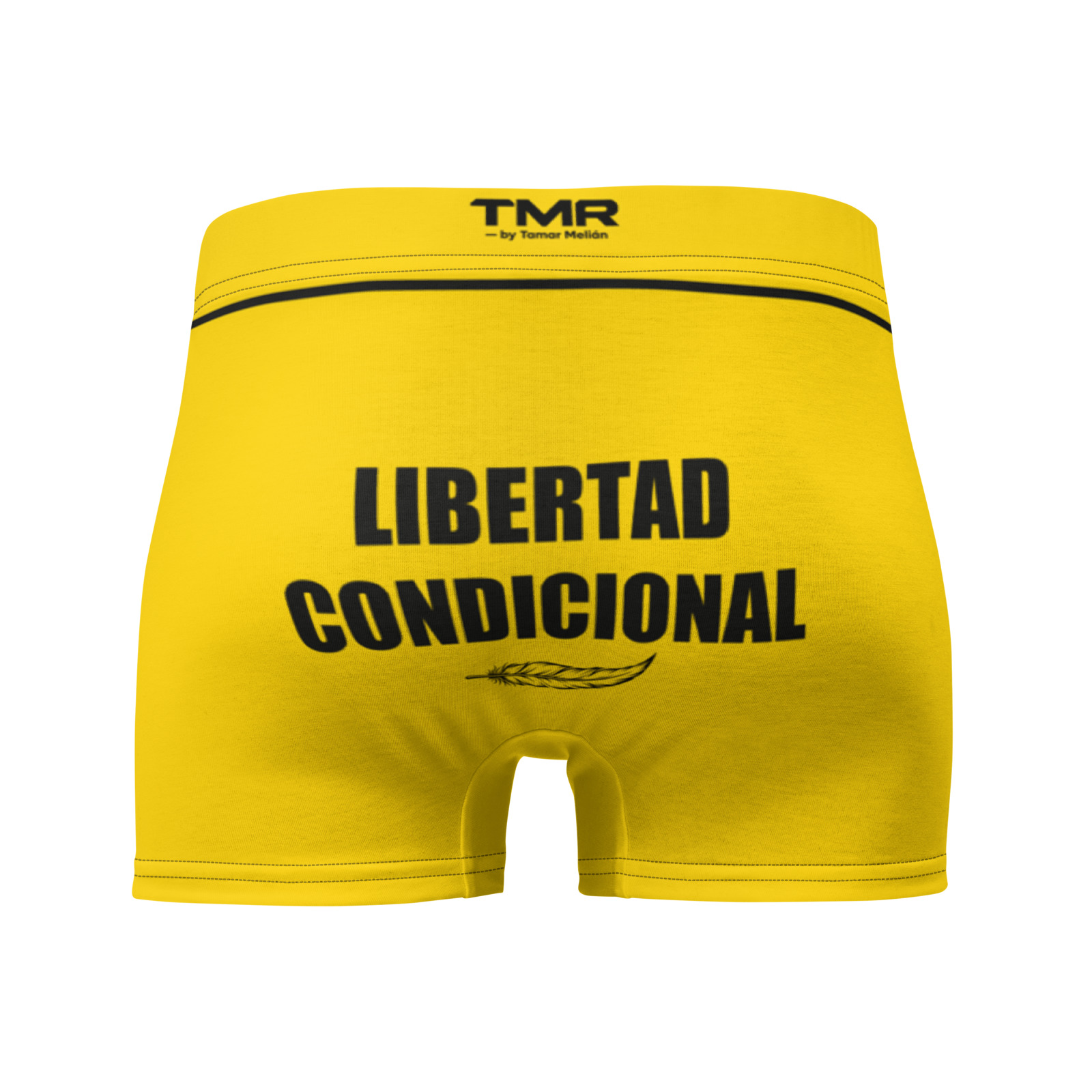 Bóxer amarillo TMR — Pájaro en custodia 3 Bóxer amarillo TMR Pájaro en custodia, vista trasera, diseño con canario en jaula y textos negros