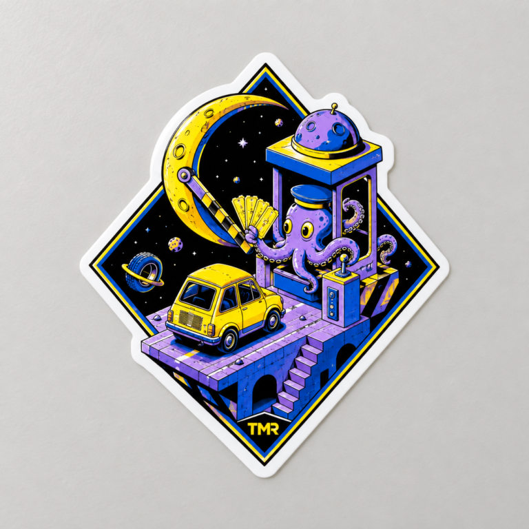 Pegatina Peaje lunar TMR sobre fondo gris claro: pulpo, coche amarillo y luna con contorno blanco.