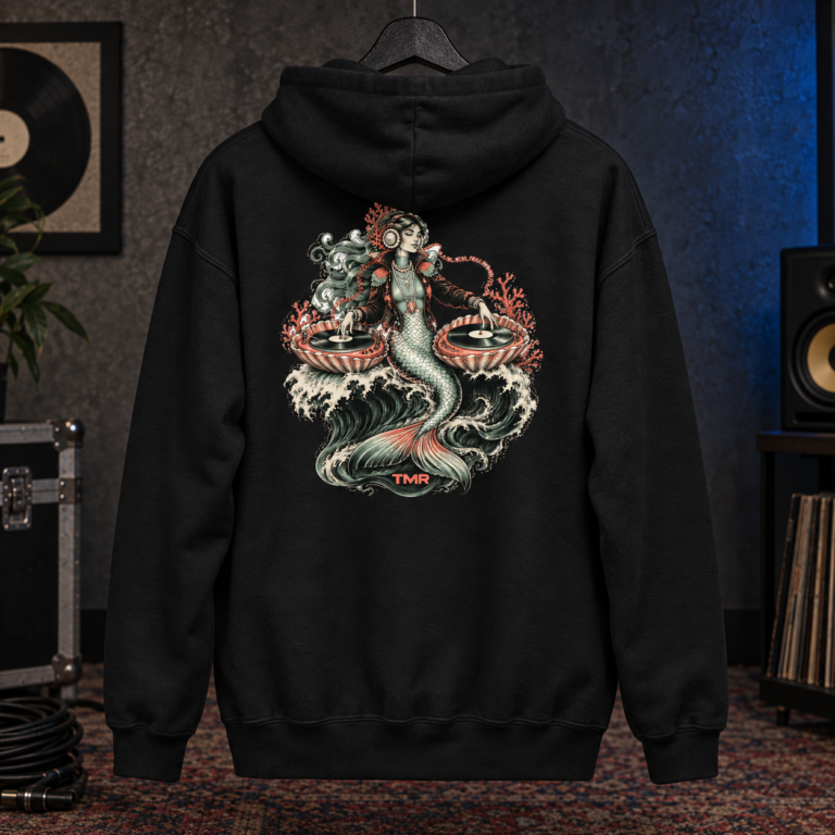Sudadera negra Sirena de after de TMR by Tamar Melián, espalda estampada en una vista de estudio.