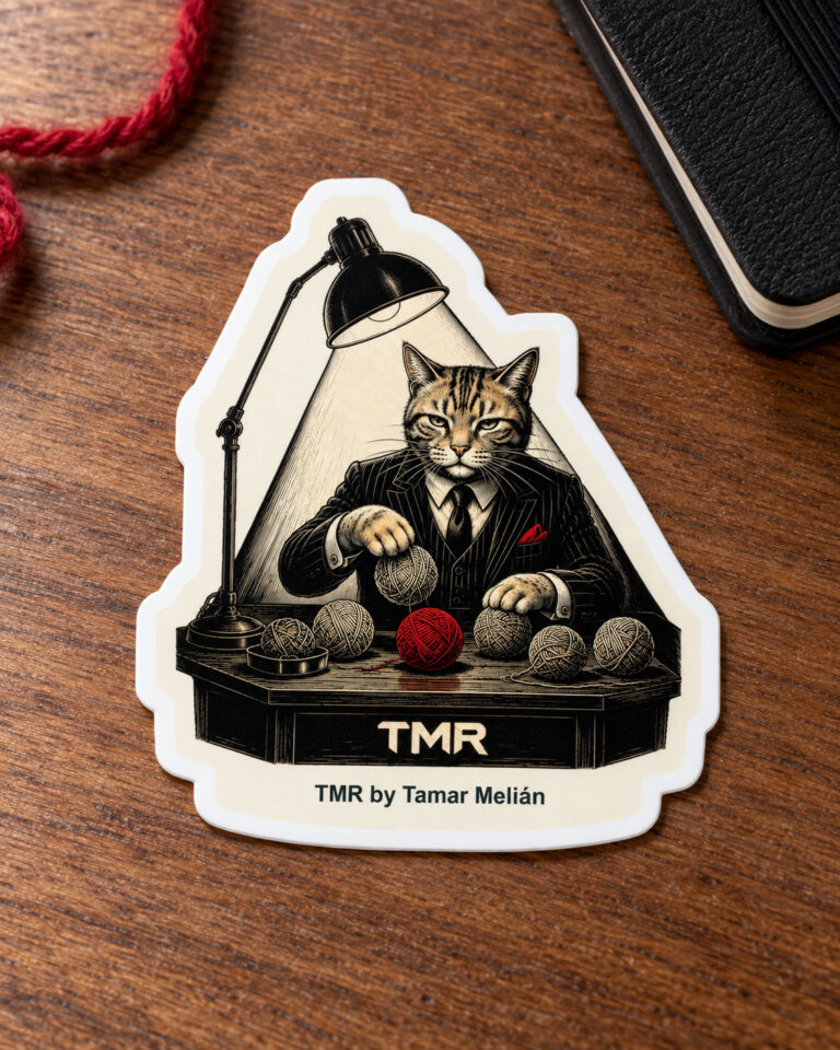 Pegatina El padrino del ovillo de TMR sobre madera, con gato de traje, lámpara y ovillos.
