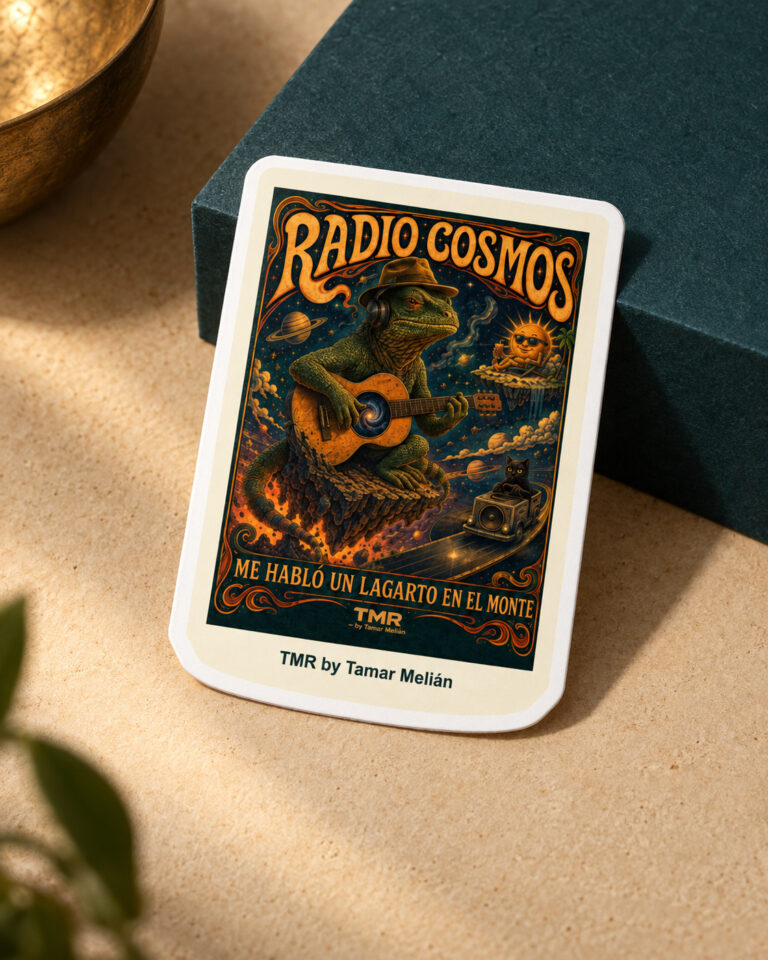 Pegatina Radio Cosmos TMR con lagarto guitarrista y universo ilustrado en tonos ocre y turquesa.