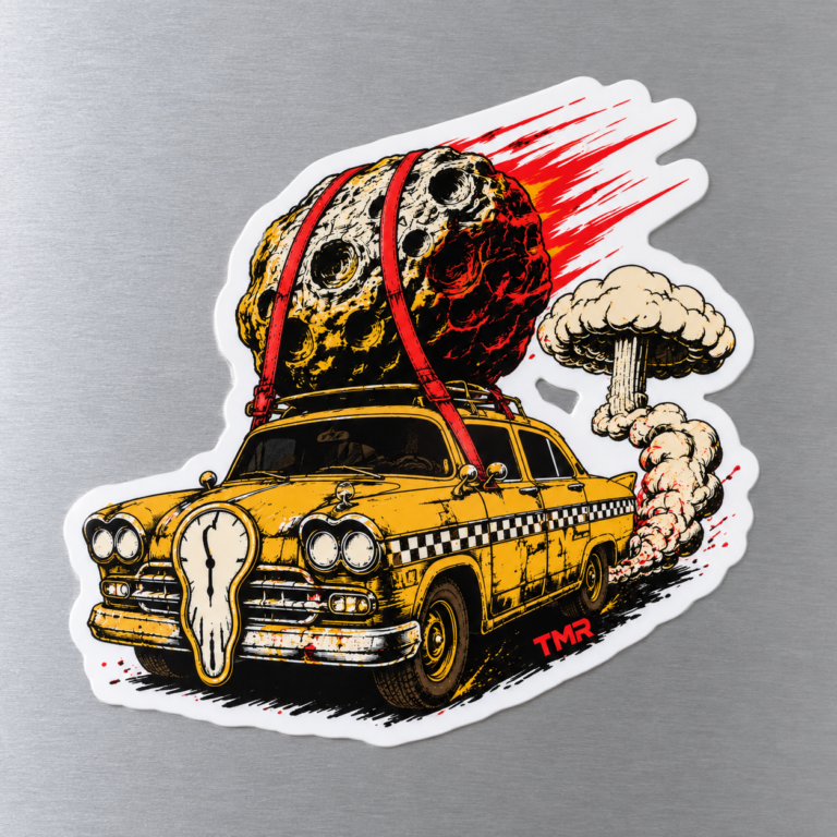 Pegatina Taxi del apocalipsis de TMR, detalle del taxi amarillo con meteorito, reloj y contorno blanco kiss-cut