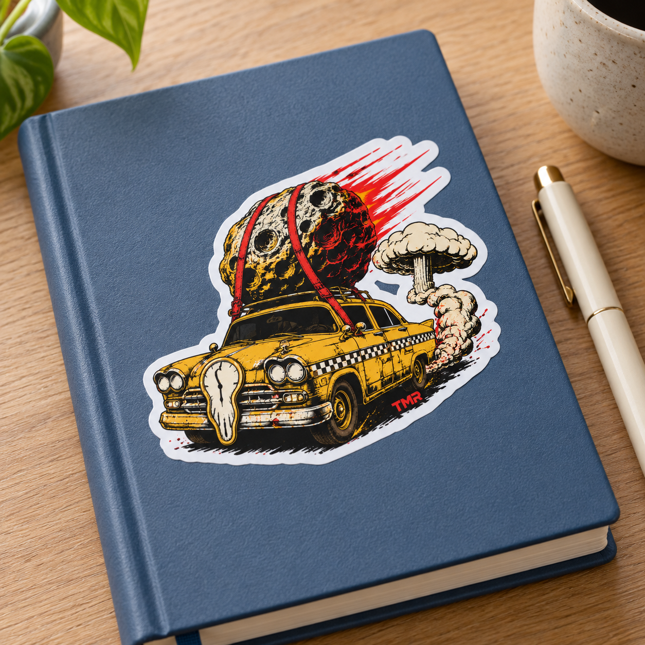 Taxi del apocalipsis — 키스컷 스티커 4인치 2 Pegatina Taxi del apocalipsis de TMR aplicada sobre una libreta azul, con diseño completo y acabado brillante