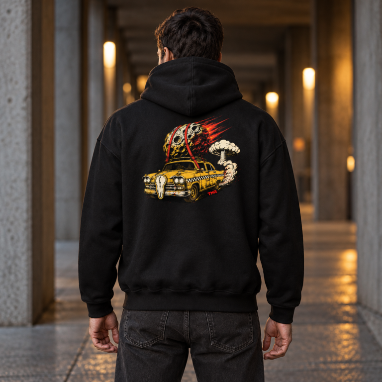 Sudadera negra Taxi del apocalipsis de TMR, vista de espalda en modelo adulto con taxi amarillo, meteorito y reloj derretido