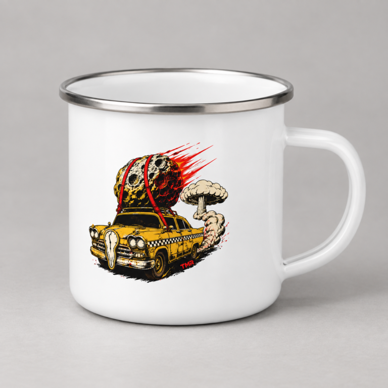 Taxi del apocalipsis — Taza esmaltada blanca TMR: vista de estudio con asa a la derecha