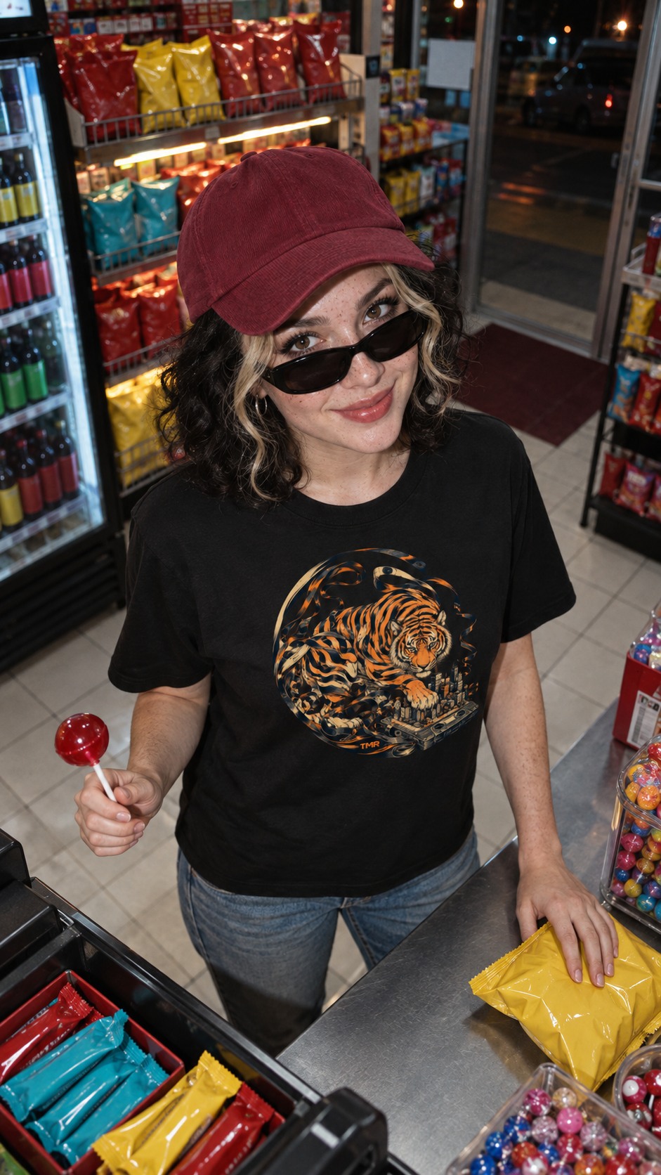 Tigre radiocasete — Camiseta Classic 3 Modelo adulta ficticia con camiseta negra Tigre radiocasete, gorra burdeos y piruleta roja en una tienda nocturna, en un mockup editorial digital.