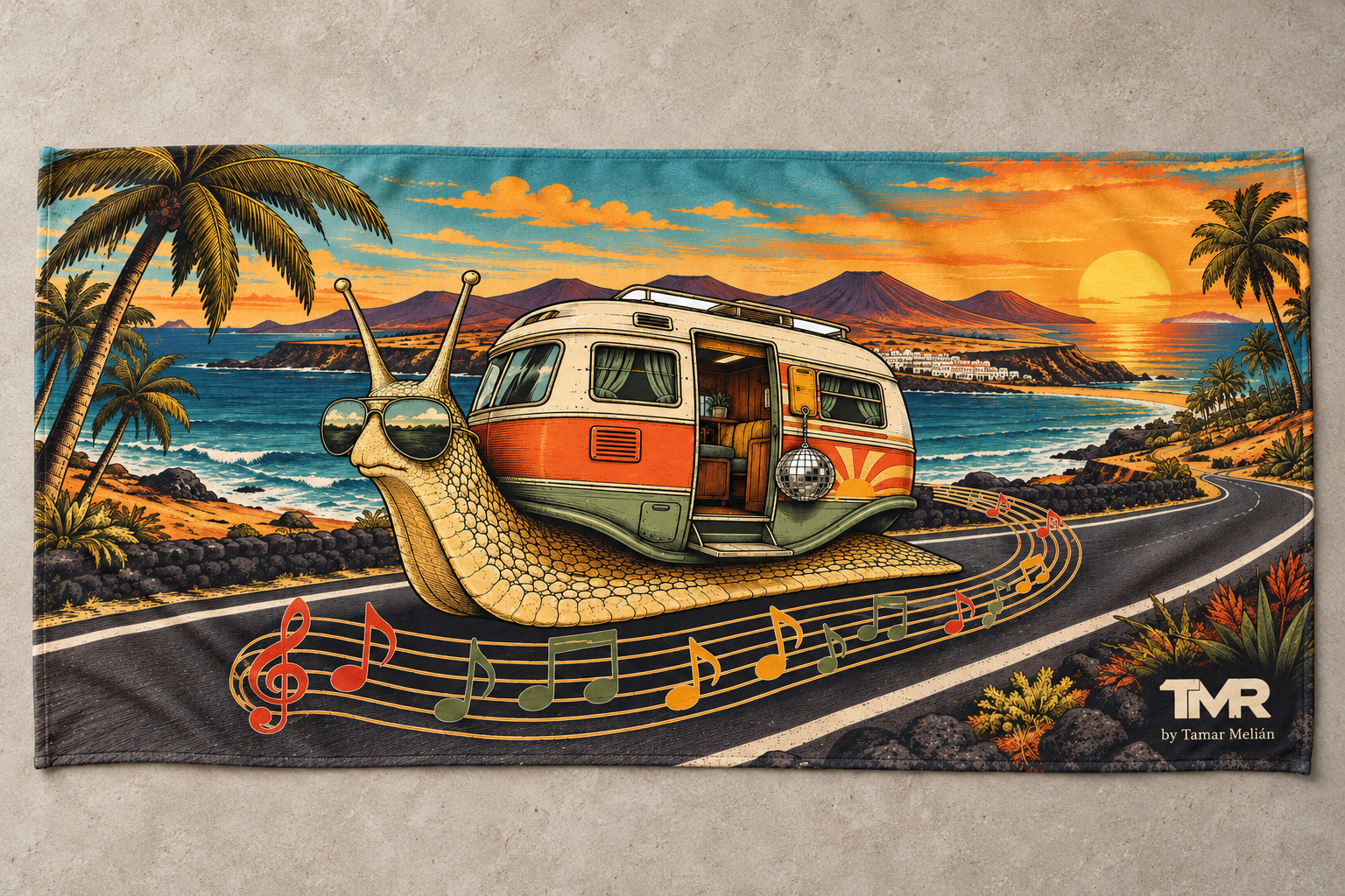 Furgo caracol — Toalla de playa 76 × 152 cm 1 Toalla Furgo caracol extendida sobre piedra clara, con caracol y furgoneta al atardecer y firma TMR by Tamar Melián.