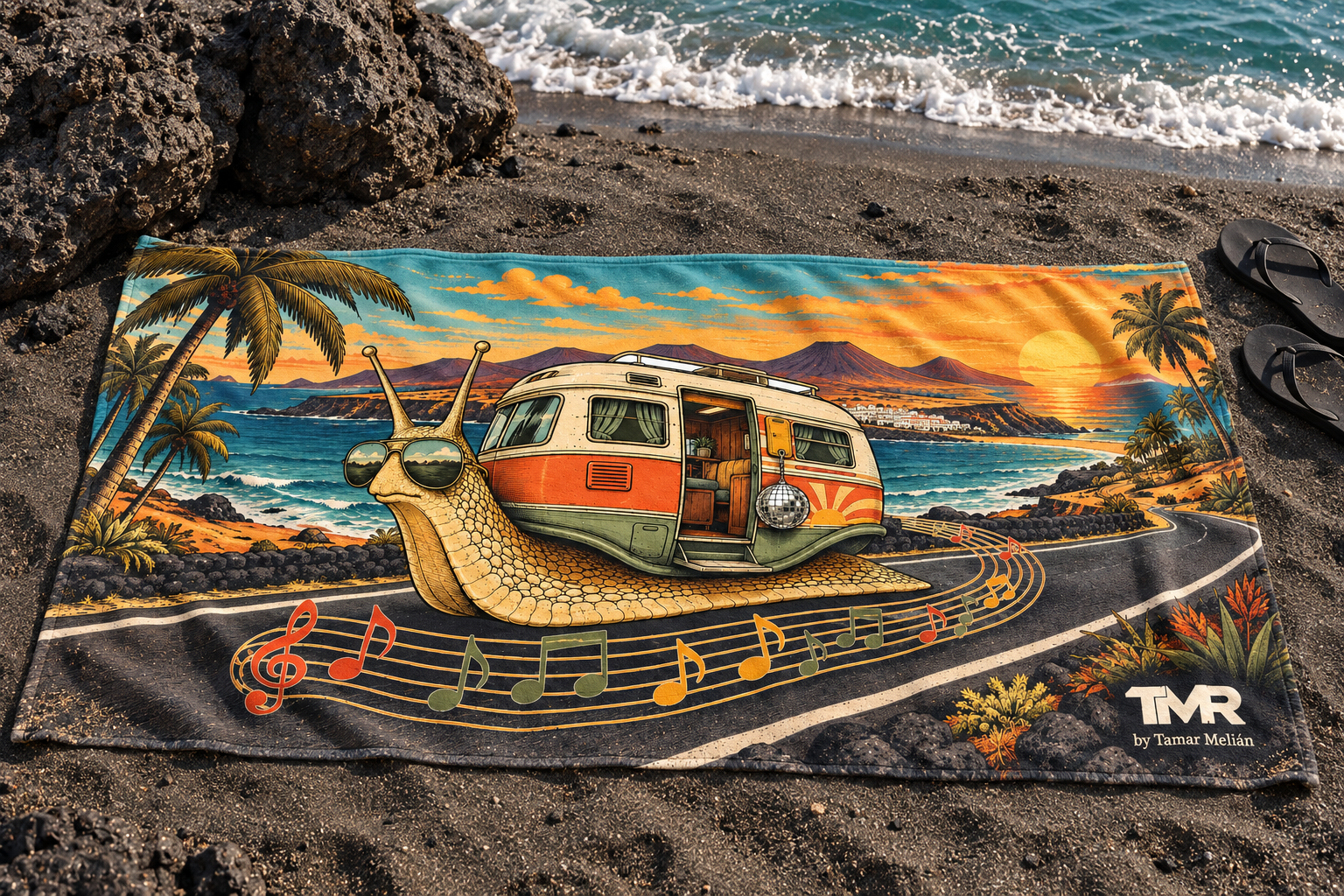 Furgo caracol — Toalla de playa 76 × 152 cm 3 Toalla Furgo caracol sobre arena oscura junto al mar, con caracol, furgoneta, notas musicales y firma TMR by Tamar Melián.