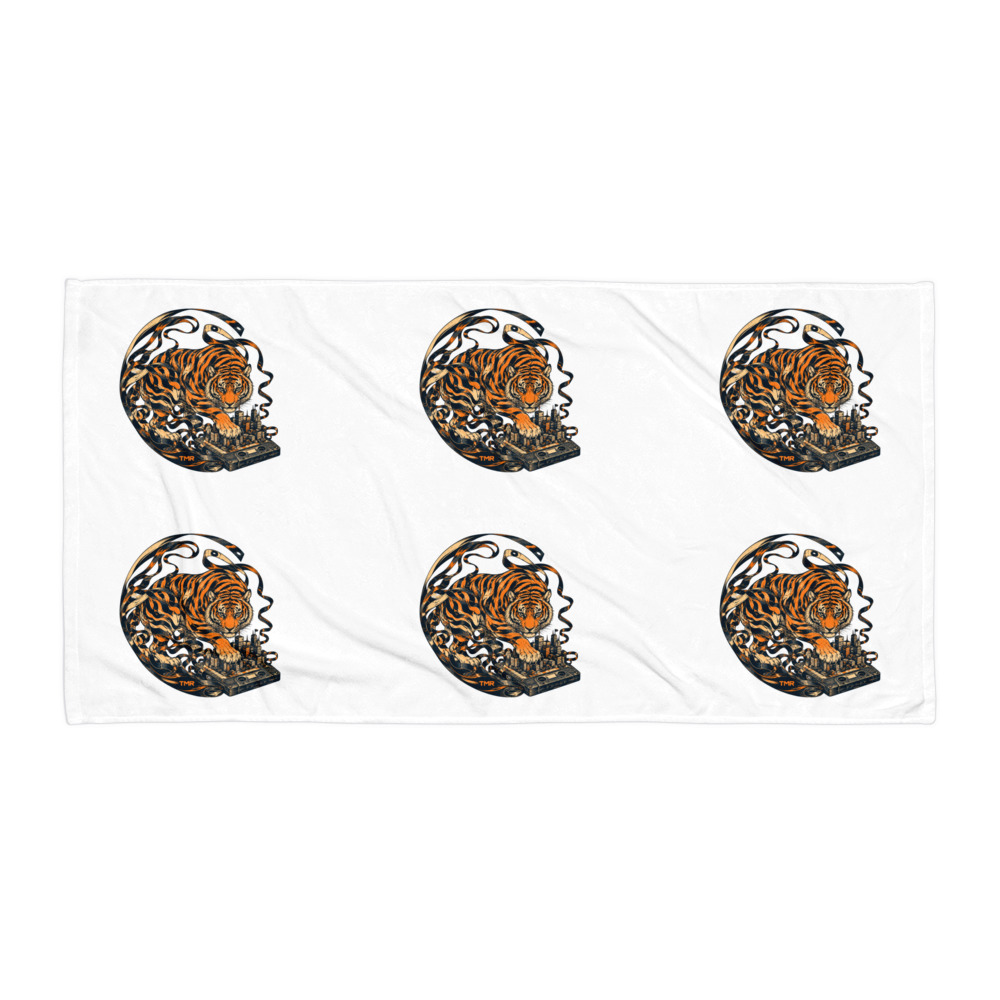 TMR · Tigre radiocasete — Toalla de playa 76 × 152 cm 3 TMR · Tigre radiocasete — Toalla de playa 76 × 152 cm — vista completa del diseño impreso