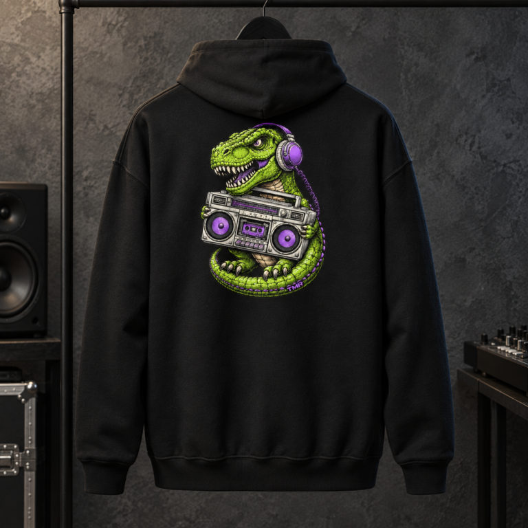 Sudadera negra T-Rex de bolsillo de TMR by Tamar Melián, espalda estampada en una vista de estudio.