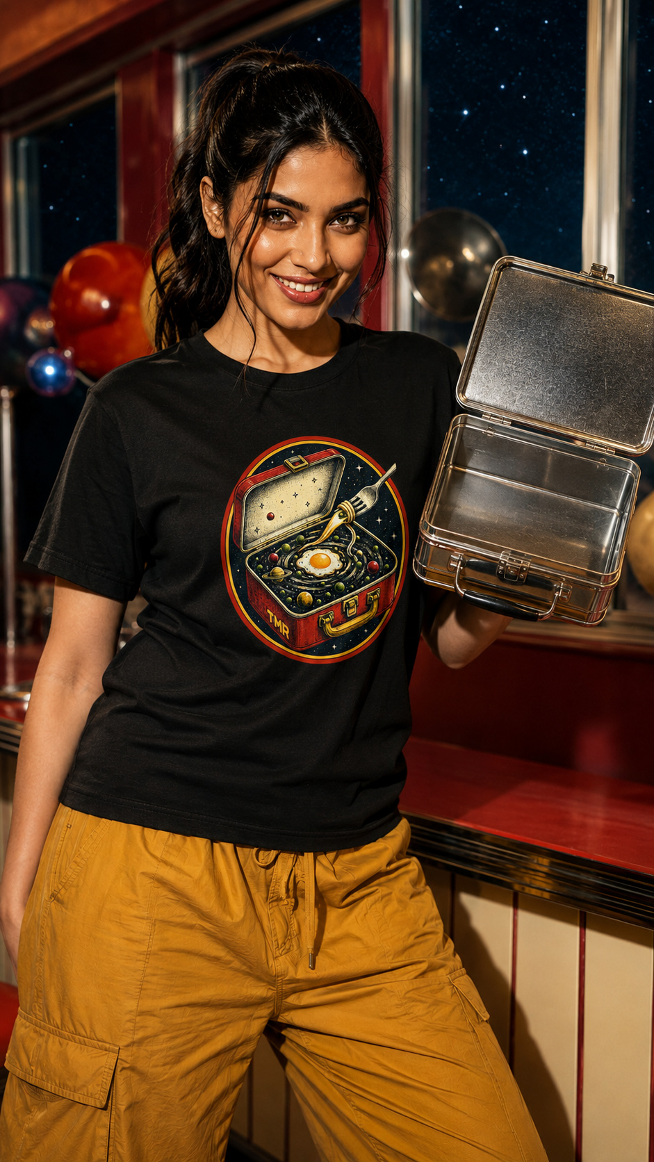 Tupper interdimensional — Camiseta 3 Mockup digital de una mujer con la camiseta negra Tupper interdimensional en un diner, junto a una caja de comida.