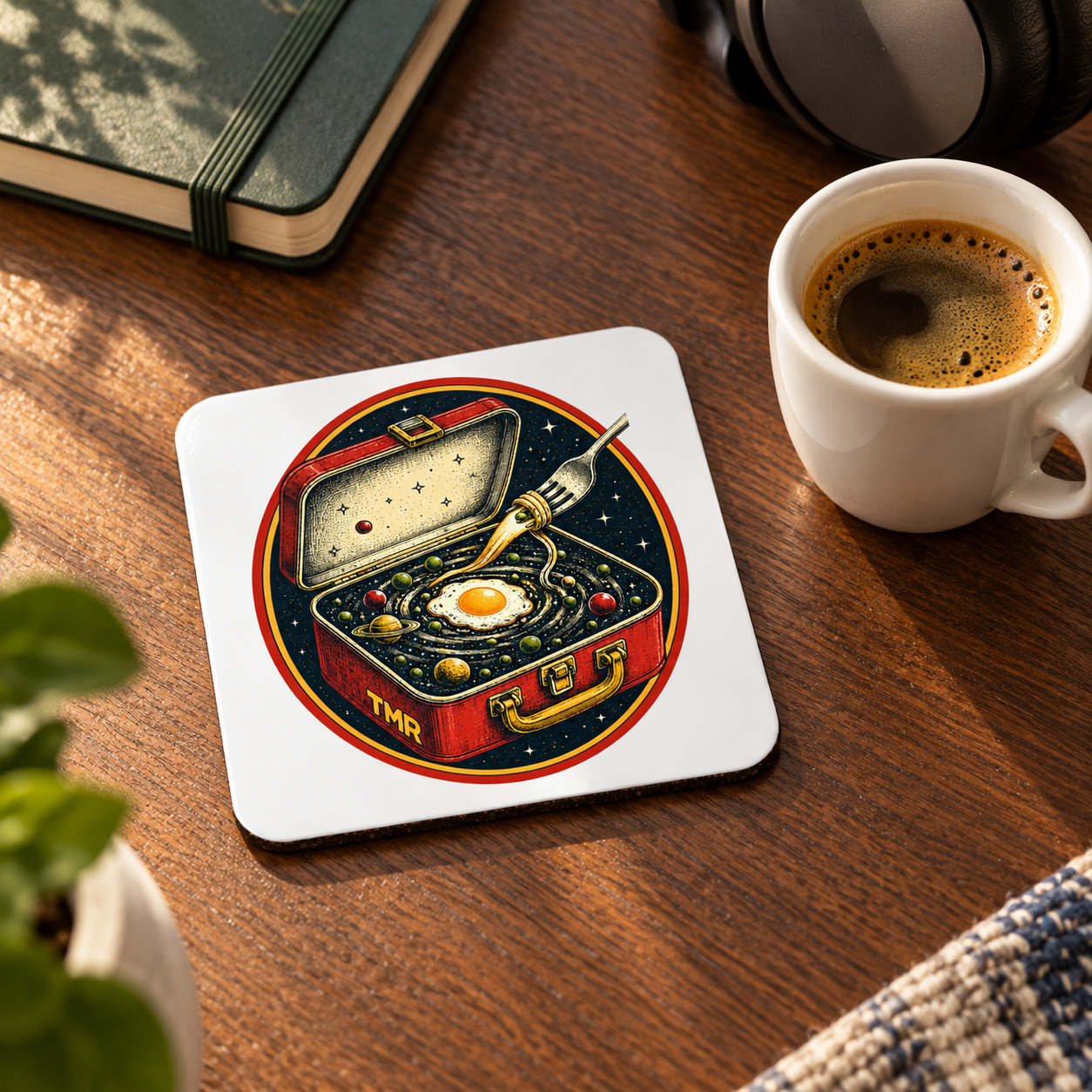 Tupper interdimensional — Posavasos de corcho 2 Posavasos Tupper interdimensional TMR junto a una taza de café sobre mesa de madera