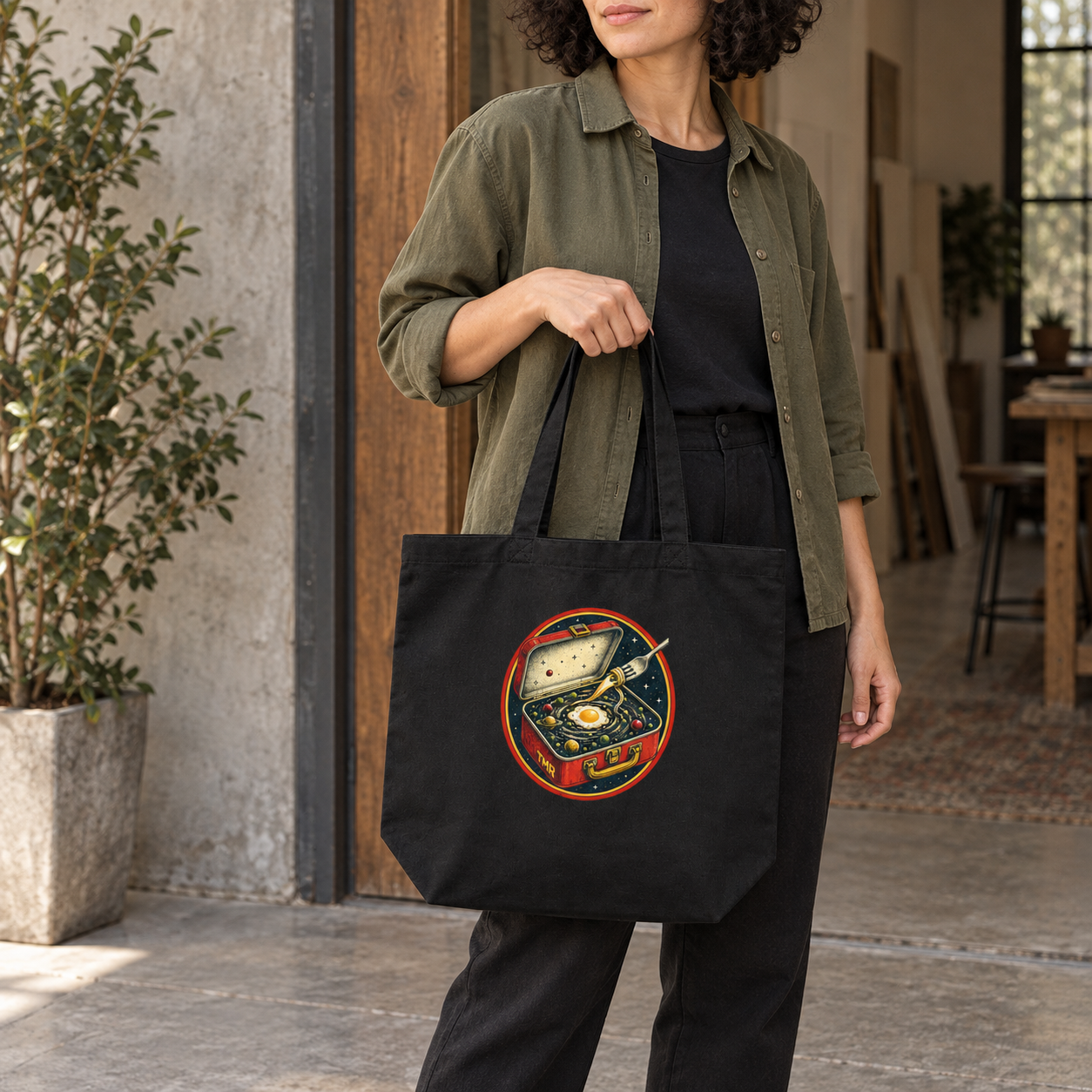 Tupper interdimensional — Tote 3 Tupper interdimensional — tote negra de TMR by Tamar Melián, con modelo adulto ficticio
