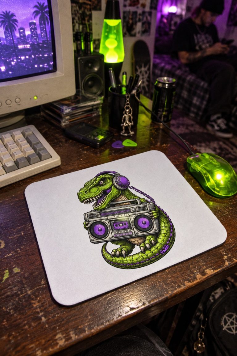 TMR · T-Rex de bolsillo — Alfombrilla de ratón — fotografía editorial de producto TMR