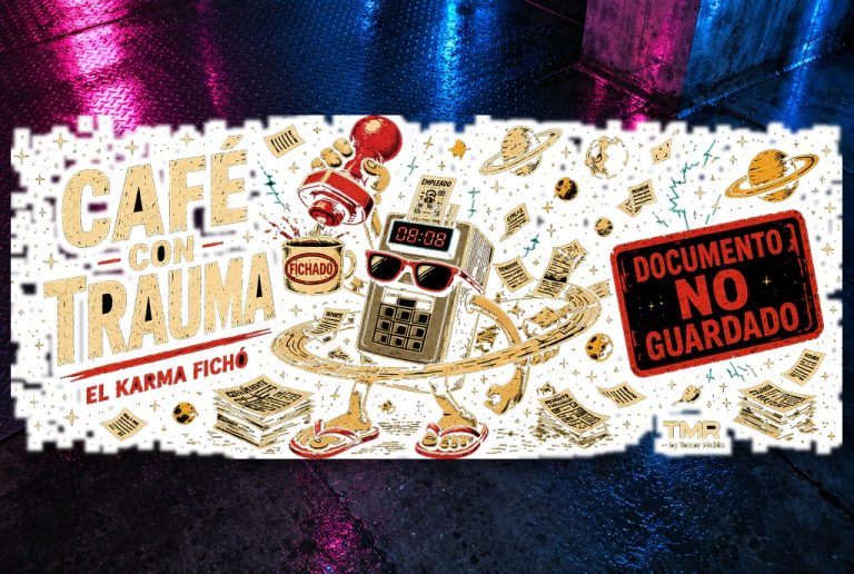 Café con Trauma — Pegatina kiss-cut 4 pulgadas · presentación del diseño TMR