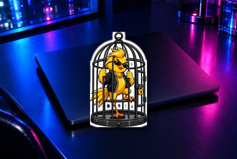 Pájaro en custodia — Pegatina kiss-cut 4 pulgadas · presentación del diseño TMR